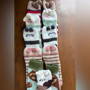 5- Cozy Kids Plush Animal Crew Socks - Pink, Green, White
